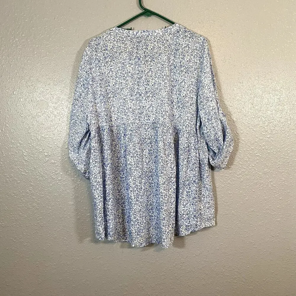Anne Carson 1x Womens White Blue Blouse Button Floral Blue Green 3/4 Sleeve - Picture 2 of 7